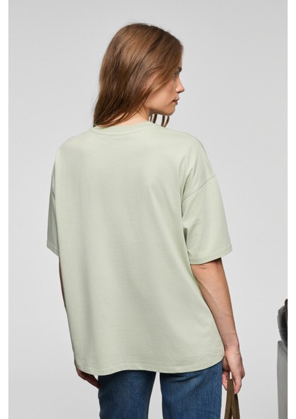 LAGERTHA Kadın %100 organik Pamuklu Kalın Dokulu Oversize Fit Yuvarlak Yakalı Mint Yeşil T-Shirt