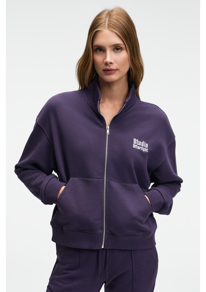 TORINA Kadın Nakış Detaylı Fermuarlı Çift Cepli Relax Mor Ceket