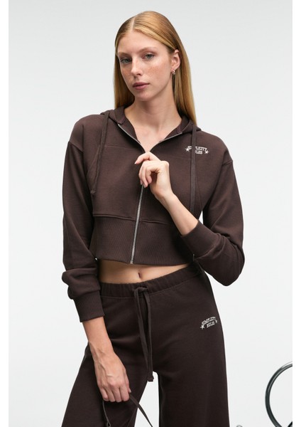 ELARA Kadın Metal Fermuarlı Nakışlı Kapüşonlu Crop Koyu Kahverengi Sweatshirt fiyatları