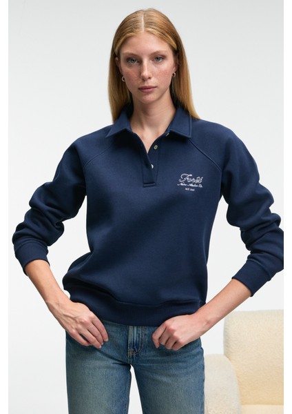 CAMIREL Kadın Polo Yaka Düğmeli Nakış Detaylı Reglan Kol Comfort Fit Lacivert Sweatshirt