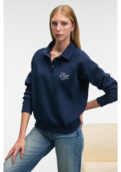 CAMIREL Kadın Polo Yaka Düğmeli Nakış Detaylı Reglan Kol Comfort Fit Lacivert Sweatshirt fırsatları