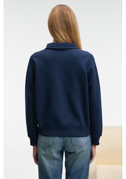 CAMIREL Kadın Polo Yaka Düğmeli Nakış Detaylı Reglan Kol Comfort Fit Lacivert Sweatshirt