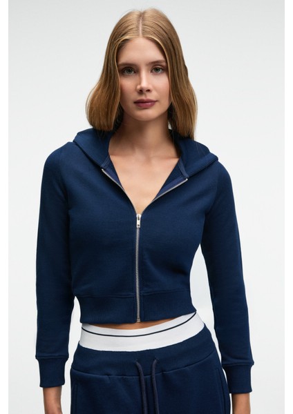 COSIMA Kadın Metal Fermuarlı Kapüşonlu Crop Lacivert Sweatshirt