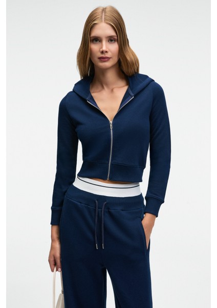 COSIMA Kadın Metal Fermuarlı Kapüşonlu Crop Lacivert Sweatshirt modelleri