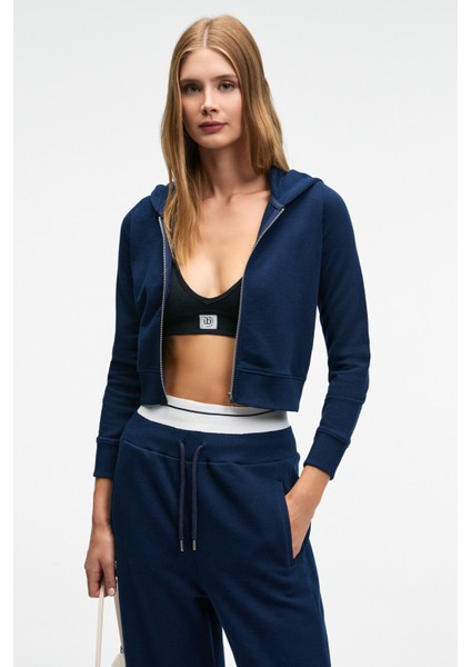 COSIMA Kadın Metal Fermuarlı Kapüşonlu Crop Lacivert Sweatshirt fırsatları