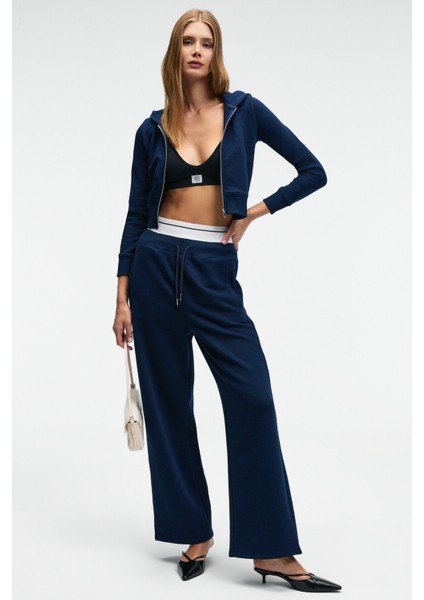 COSIMA Kadın Metal Fermuarlı Kapüşonlu Crop Lacivert Sweatshirt