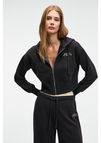 ELARA Kadın Metal Fermuarlı Nakışlı Kapüşonlu Crop Antrasit Sweatshirt fiyatları