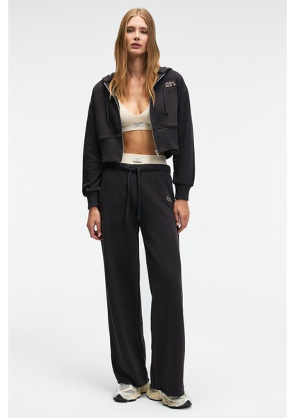 ELARA Kadın Metal Fermuarlı Nakışlı Kapüşonlu Crop Antrasit Sweatshirt indirimleri