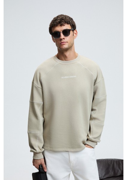 HAL Erkek Yuvarlak Yaka Önünde Ve Kollarında Süs Dikiş Detaylı Baskılı Regular Fit Taş Rengi Sweatsh