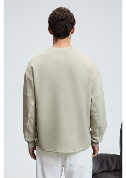 HAL Erkek Yuvarlak Yaka Önünde Ve Kollarında Süs Dikiş Detaylı Baskılı Regular Fit Taş Rengi Sweatsh