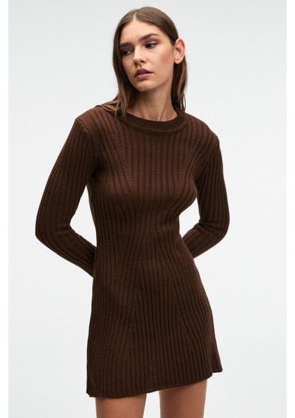 ENCANTO Kadın Yuvarlak Yaka Çizgi Desenli Slim Fit Kahverengi Elbise