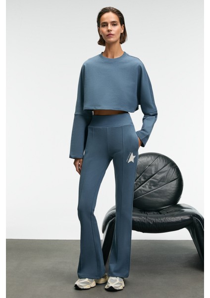 ANOUK Kadın Pamuklu Baskı Ve Patch Detaylı Bisiklet Yaka Crop Petrol Mavisi Sweatshirt modelleri