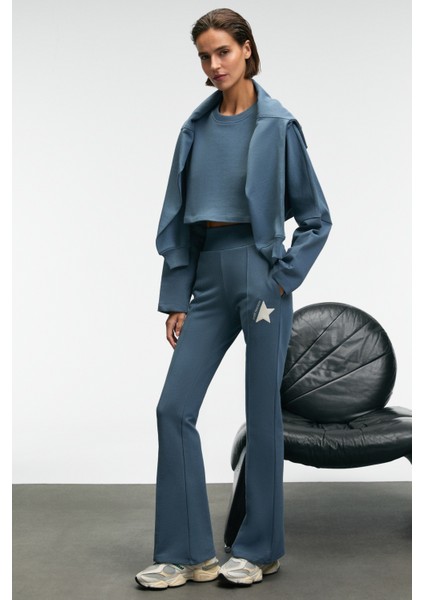 ANOUK Kadın Pamuklu Baskı Ve Patch Detaylı Bisiklet Yaka Crop Petrol Mavisi Sweatshirt fırsatları