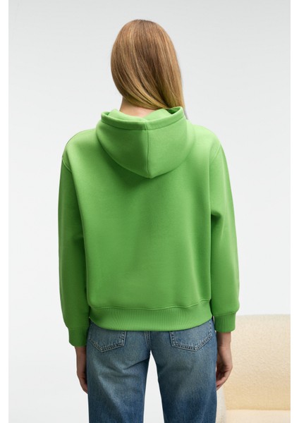 MELUREA Kadın Nakışlı Kapüşonlu Comfort Fit Fıstık Yeşili Sweatshirt