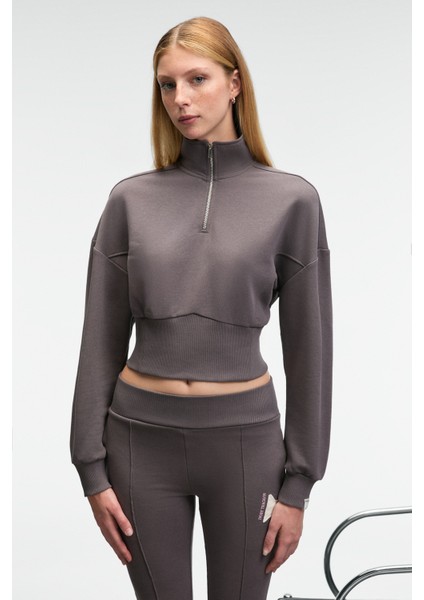 THALIA Kadın Arka Baskılı Ve Patch Detaylı Fermuarlı Dik Yakalı Antrasit Sweatshirt