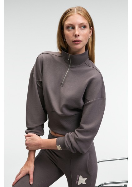 THALIA Kadın Arka Baskılı Ve Patch Detaylı Fermuarlı Dik Yakalı Antrasit Sweatshirt modelleri