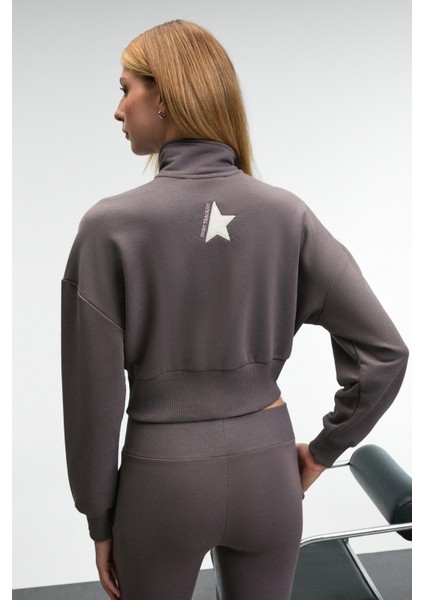 THALIA Kadın Arka Baskılı Ve Patch Detaylı Fermuarlı Dik Yakalı Antrasit Sweatshirt