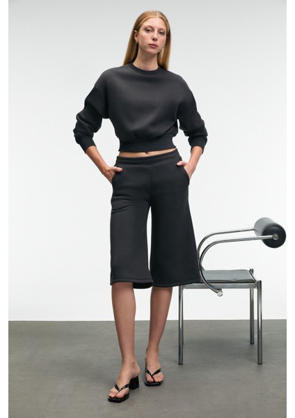 ELPIHRA Kadın Oversize Beli Lastikli Çift Cepli Antrasit Şort & Bermuda