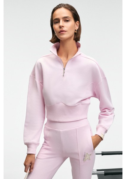 THALIA Kadın Arka Baskılı Ve Patch Detaylı Fermuarlı Dik Yakalı Pembe Sweatshirt