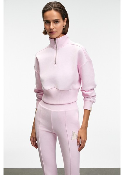 THALIA Kadın Arka Baskılı Ve Patch Detaylı Fermuarlı Dik Yakalı Pembe Sweatshirt fiyatları
