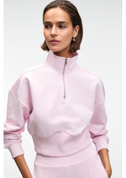 THALIA Kadın Arka Baskılı Ve Patch Detaylı Fermuarlı Dik Yakalı Pembe Sweatshirt modelleri