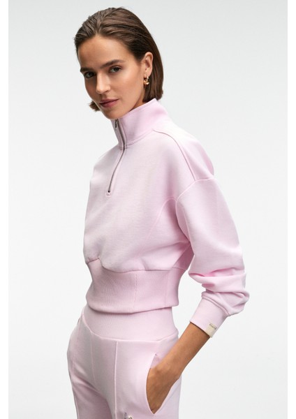 THALIA Kadın Arka Baskılı Ve Patch Detaylı Fermuarlı Dik Yakalı Pembe Sweatshirt fırsatları