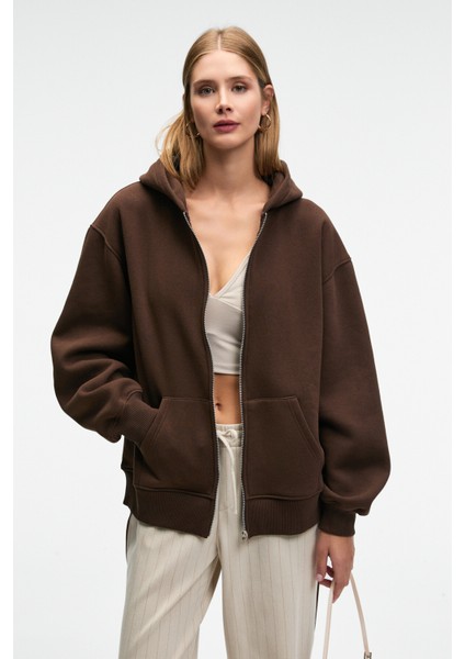VALENYA Kadın Oversize Kapüşonlu Balon Kollu Metal Fermuarlı Kahverengi Sweatshirt