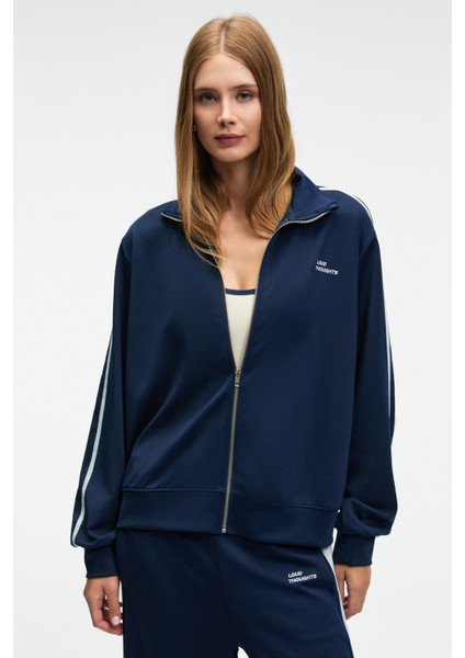 ZINNIE Kadın Regular Nakış Ve Yan Şerit Detaylı Metal Fermuarlı Dik Yaka Lacivert Ceket