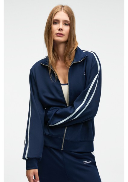 ZINNIE Kadın Regular Nakış Ve Yan Şerit Detaylı Metal Fermuarlı Dik Yaka Lacivert Ceket fiyatları