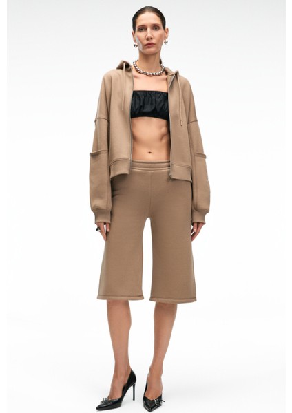 ELPIHRA Kadın Oversize Beli Lastikli Çift Cepli Vizon Şort & Bermuda