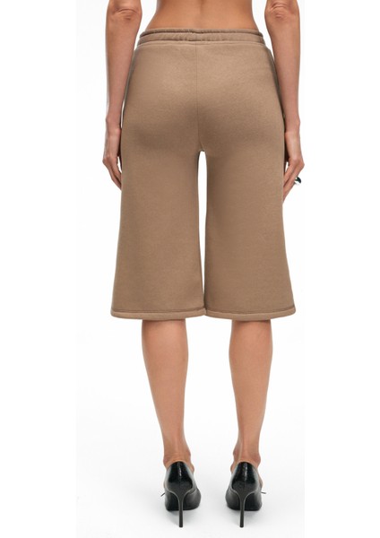 ELPIHRA Kadın Oversize Beli Lastikli Çift Cepli Vizon Şort & Bermuda