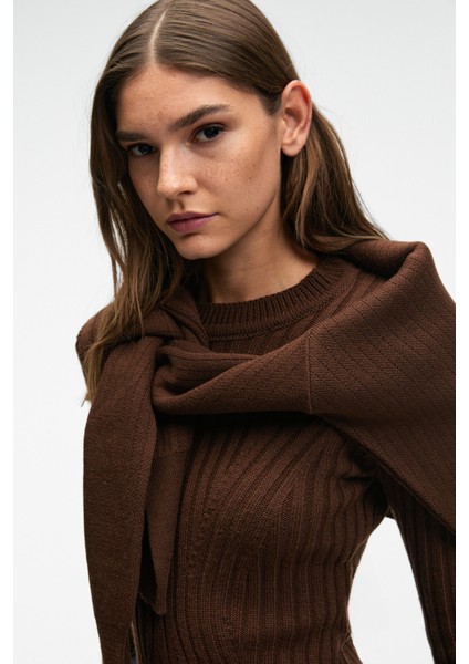 ENCANTO Kadın Yuvarlak Yaka Çizgi Desenli Slim Fit Kahverengi Elbise modelleri