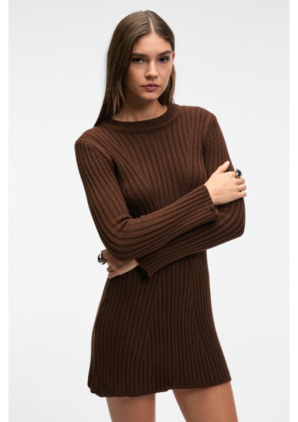 ENCANTO Kadın Yuvarlak Yaka Çizgi Desenli Slim Fit Kahverengi Elbise