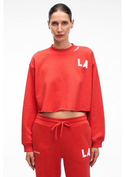 DELYRA Kadın Bisiklet Yaka Rahat Kesim Nakış Detaylı Kırmızı Sweatshirt