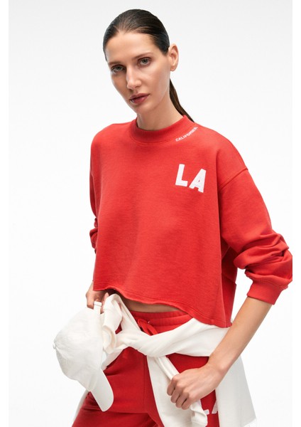 DELYRA Kadın Bisiklet Yaka Rahat Kesim Nakış Detaylı Kırmızı Sweatshirt modelleri