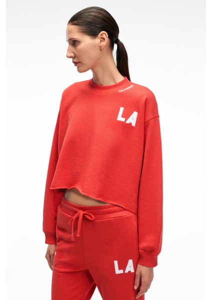 DELYRA Kadın Bisiklet Yaka Rahat Kesim Nakış Detaylı Kırmızı Sweatshirt indirimleri