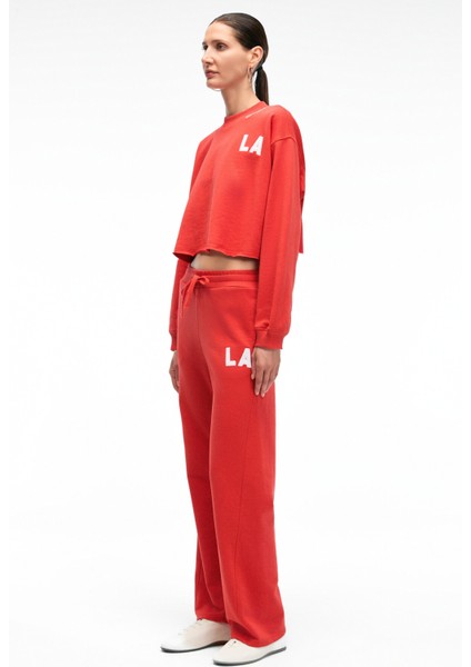 DELYRA Kadın Bisiklet Yaka Rahat Kesim Nakış Detaylı Kırmızı Sweatshirt