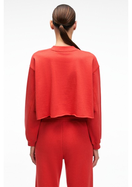 DELYRA Kadın Bisiklet Yaka Rahat Kesim Nakış Detaylı Kırmızı Sweatshirt