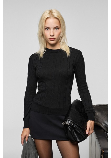 QUERIDA Kadın Yuvarlak Yaka Saç Örgülü Regular Fit Triko Siyah Kazak