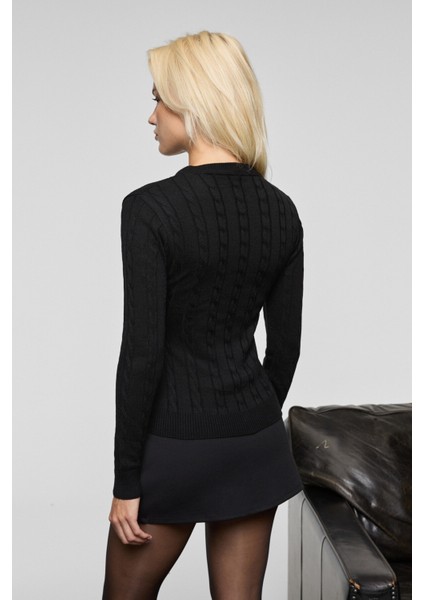 QUERIDA Kadın Yuvarlak Yaka Saç Örgülü Regular Fit Triko Siyah Kazak indirimleri