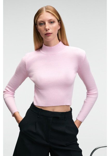 CALIDA Kadın Dik Yaka Fitilli Görünümlü Slim Fit Triko Pembe Kazak