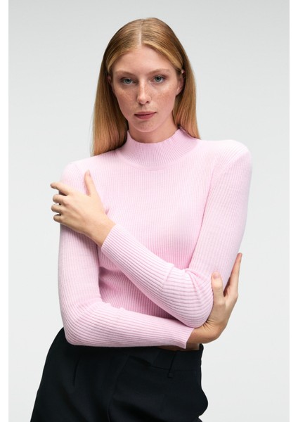 CALIDA Kadın Dik Yaka Fitilli Görünümlü Slim Fit Triko Pembe Kazak fırsatları