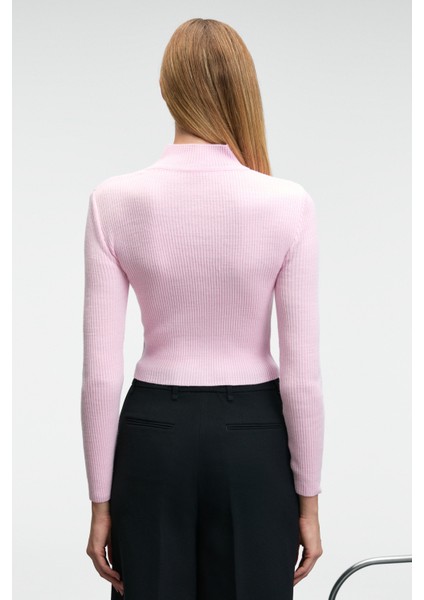 CALIDA Kadın Dik Yaka Fitilli Görünümlü Slim Fit Triko Pembe Kazak