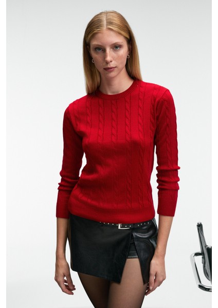 QUERIDA Kadın Yuvarlak Yaka Saç Örgülü Regular Fit Triko Kırmızı Kazak