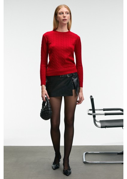 QUERIDA Kadın Yuvarlak Yaka Saç Örgülü Regular Fit Triko Kırmızı Kazak fiyatları