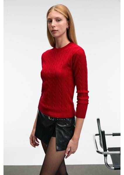 QUERIDA Kadın Yuvarlak Yaka Saç Örgülü Regular Fit Triko Kırmızı Kazak modelleri