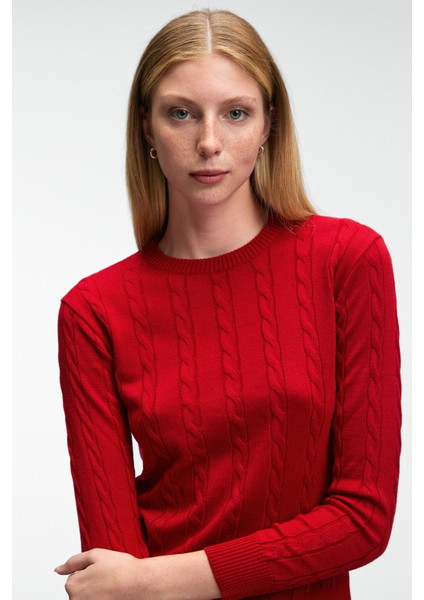 QUERIDA Kadın Yuvarlak Yaka Saç Örgülü Regular Fit Triko Kırmızı Kazak fırsatları