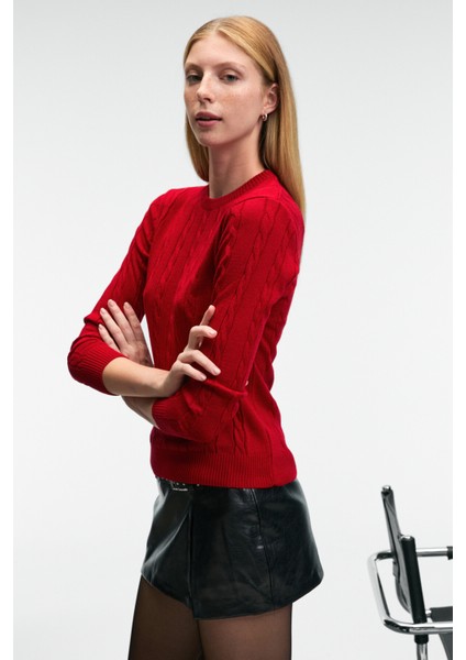 QUERIDA Kadın Yuvarlak Yaka Saç Örgülü Regular Fit Triko Kırmızı Kazak indirimleri