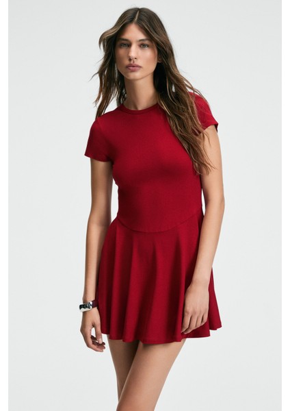 NURVA Kadın Bisiklet Yaka Cap Kol Beli Kesikli Mini Kırmızı Elbise fırsatları