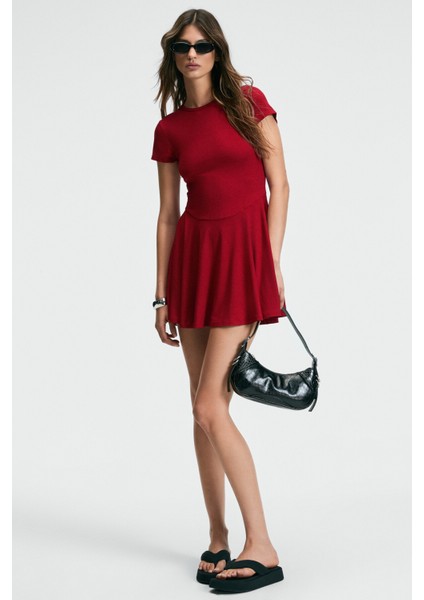 NURVA Kadın Bisiklet Yaka Cap Kol Beli Kesikli Mini Kırmızı Elbise